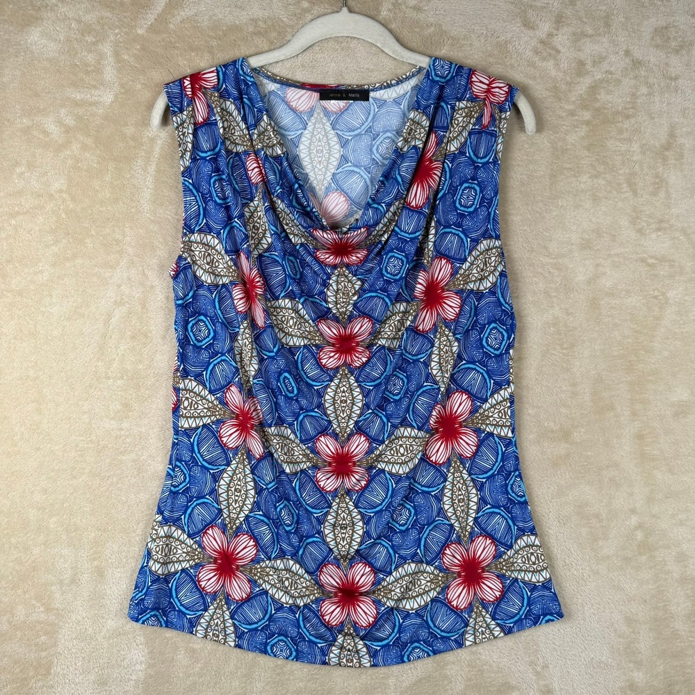 Jennie & Marlis Womens Size S Blue Red Floral Geometric Cowl Neck Sleeveless Top